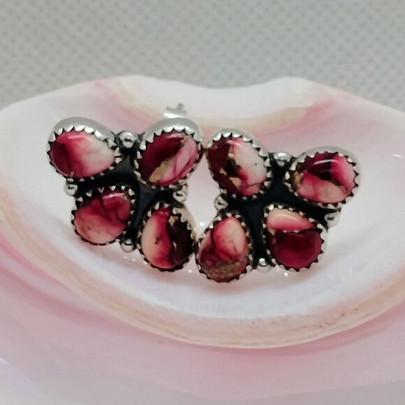 Southwest Rose Dahlia Cluster Sterling Silver Earrings - Picture 3 of 6